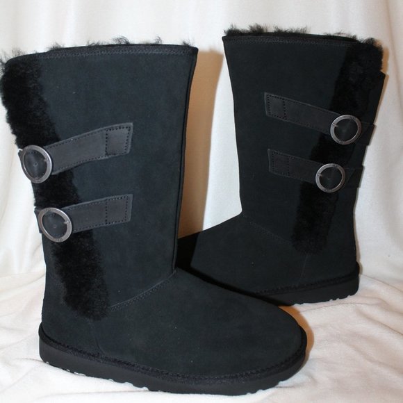 NIB UGG WOMEN'S TALL MOTO SUEDE SPILL SEAM SHEARLING BUCKLE BOOTS BLACK - Picture 1 of 8